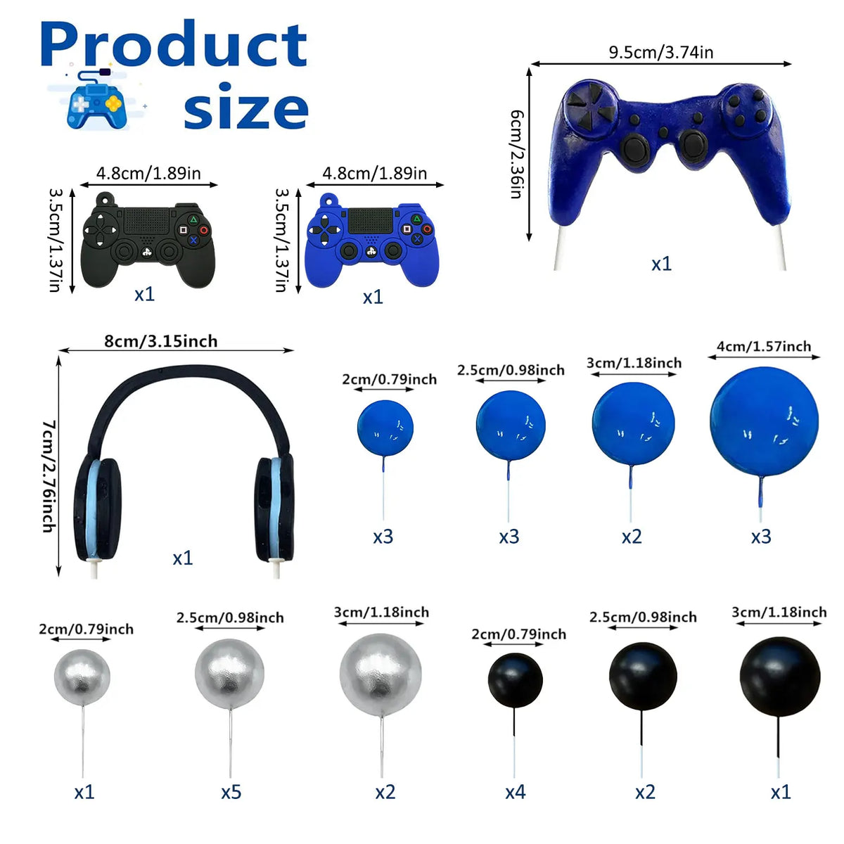 30PCS Video Game Themes Cake Toppers Headset Ball Game Controller Cake Decor for Game Theme Birthday Party Cake Decoration(Blue)
