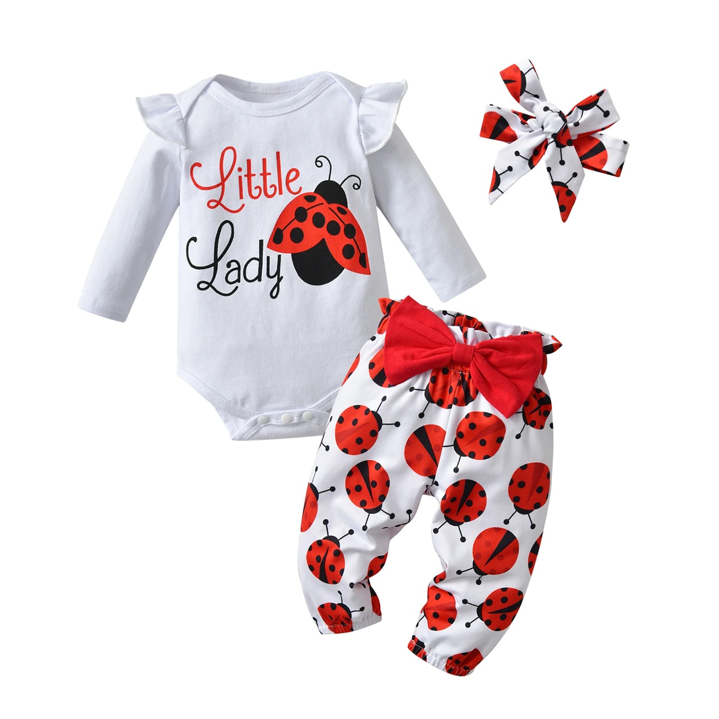 Newborn Baby Girls Clothes Set Long Sleeve Ladybug Print Top and Pants Bow Headband Infant Outfits