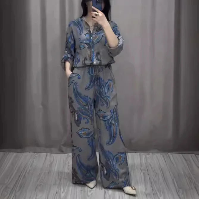 Fashion Printed Single Breasted Boho Shirt Elegant O-neck Single Breasted Shirt Wide Legs Trousers Office Commuter Two-piece Set