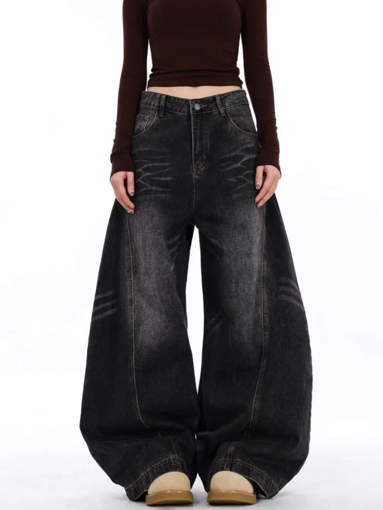 2026 Japanese Y2K Fashion Vintage Black Patchwork Baggy Women's Jeans Pants Wide Leg Woman Clothing Casual Cotton Denim Trousers