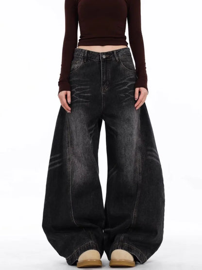2026 Japanese Y2K Fashion Vintage Black Patchwork Baggy Women's Jeans Pants Wide Leg Woman Clothing Casual Cotton Denim Trousers