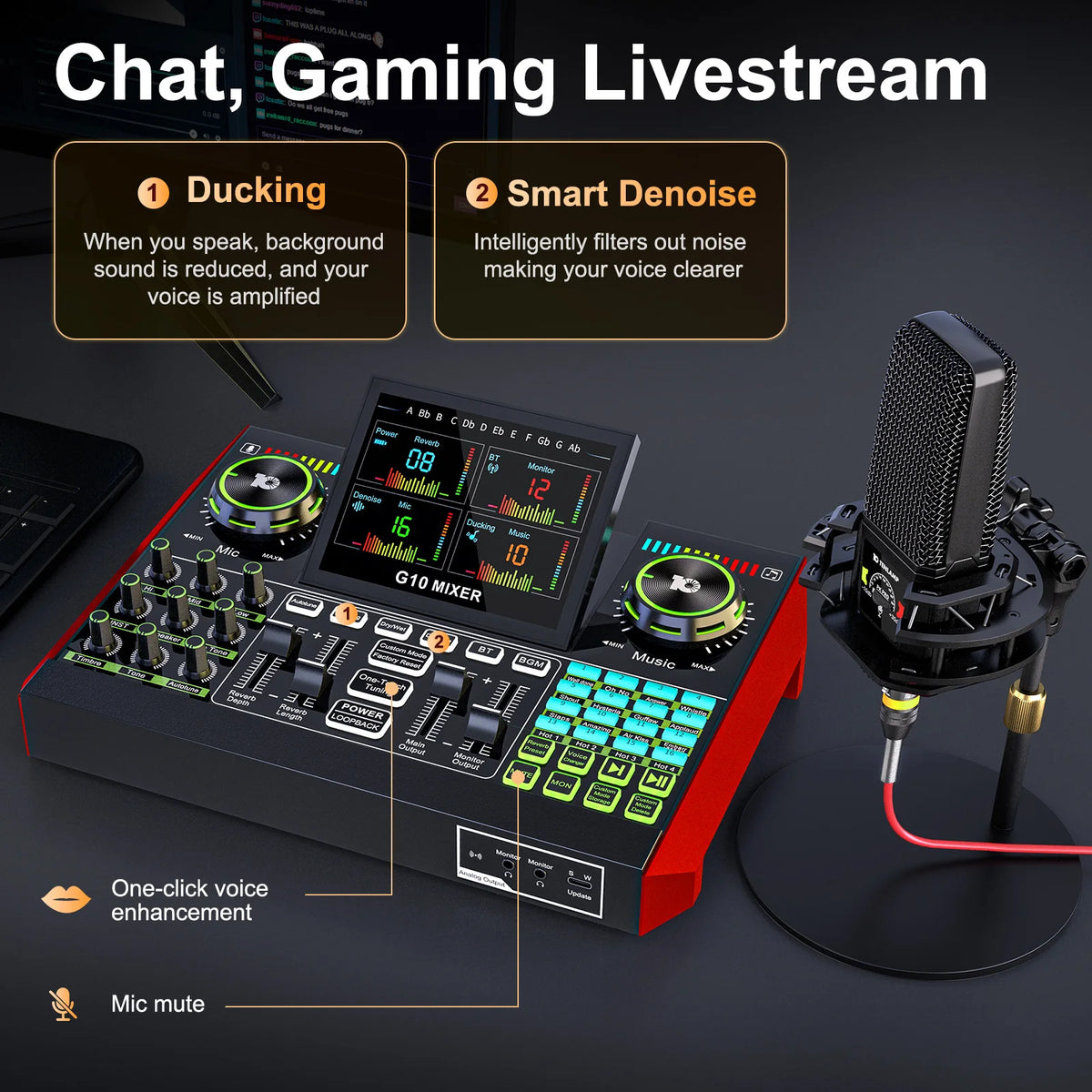 Tenlamp G10 Podcast Equipment Bundle 6 Channel with 3.5mm Microphone and Live Sound Card,RGB Streaming with XLR Gaming Audio Interface Professional Mixer for Podcasting, Influencers, Kols, Singing, Gaming, And Djing