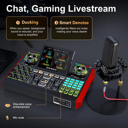 Tenlamp G10 Podcast Equipment Bundle 6 Channel with 3.5mm Microphone and Live Sound Card,RGB Streaming with XLR Gaming Audio Interface Professional Mixer for Podcasting, Influencers, Kols, Singing, Gaming, And Djing