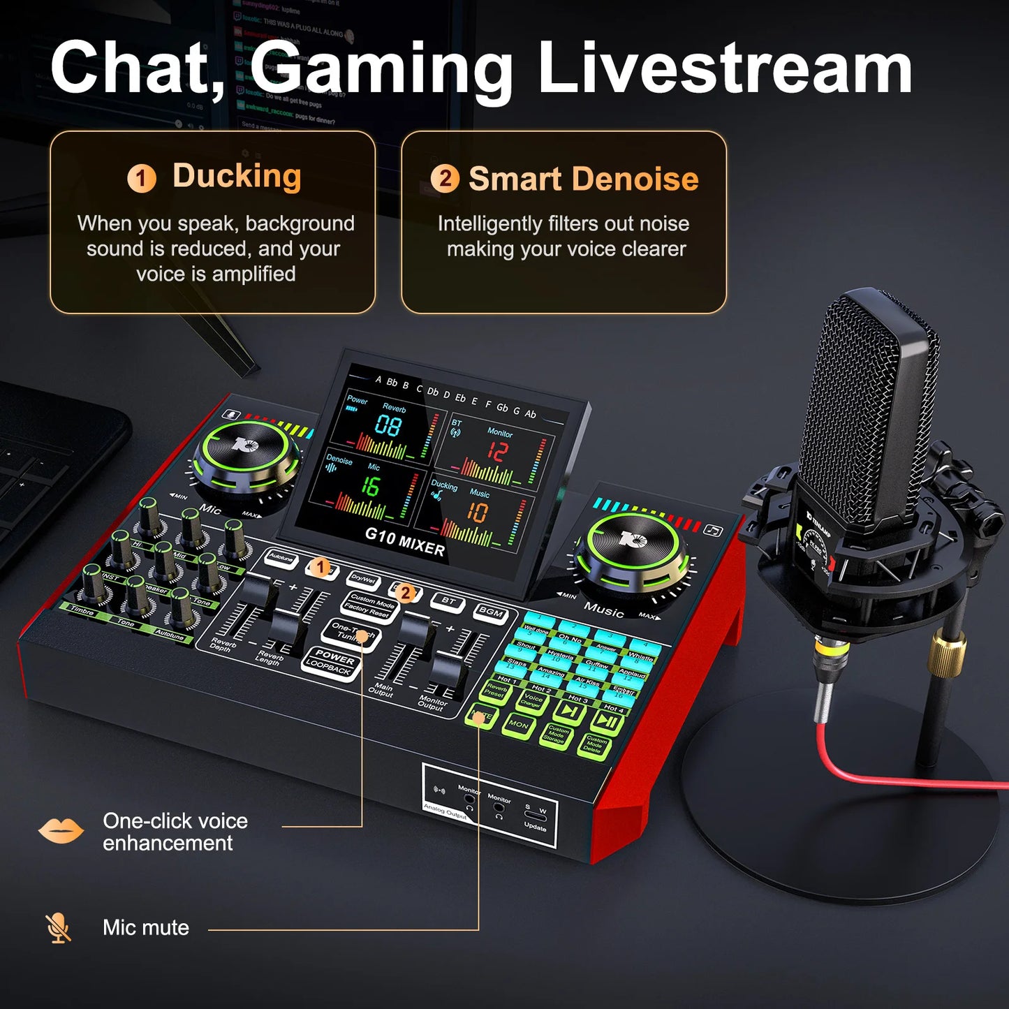 Tenlamp G10 Podcast Equipment Bundle 6 Channel with 3.5mm Microphone and Live Sound Card,RGB Streaming with XLR Gaming Audio Interface Professional Mixer for Podcasting, Influencers, Kols, Singing, Gaming, And Djing