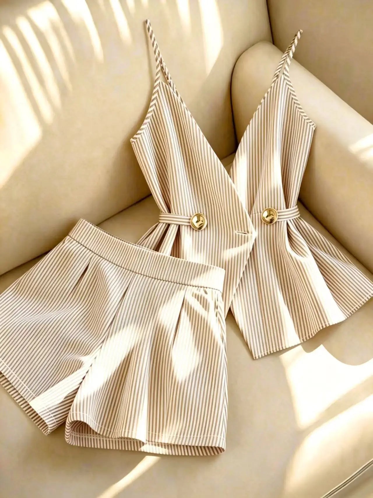 Women Striped 2 Piece Set V-neck Top Lace Up High Waist Pleated Wide Leg Shorts Summer Fashion Office Ladies Commuting Outfit