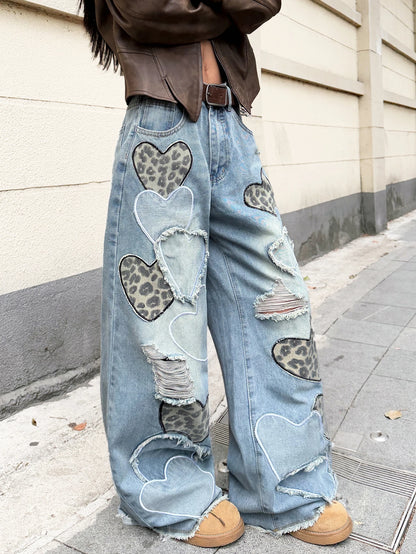 American Retro Heart-Shaped Leopard Print Patchwork Women's Loose High-Waisted Blue Wide-Leg Jeans, Street Fashion Niche Design Versatile Trousers