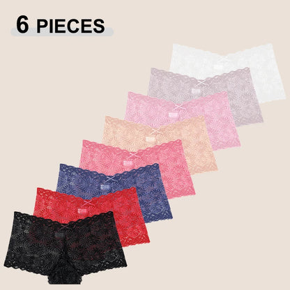 6PCS Women's Seamless Sexy Lace Perspective Boxer Shorts Solid Color Hollow Out Sunflower Bowknot Transparent Intimate Lingerie