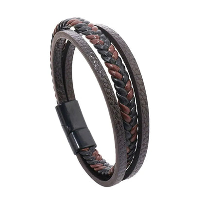 Multi Layer Braided Rope Bracelets for Men,Classic Handmade PU Leather Wristband with Magnetic Buckle,Trendy Punk Jewelry Gift