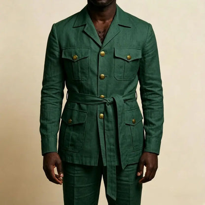 Mens Off White Linen Safari Suits 2 Piece Notched Lapel Prom Suit with Belt Gold Buttons Multi Pockets Beach Summer Wedding