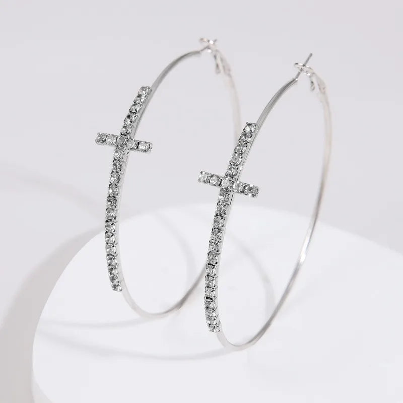 Shiny Big Circel Cross Hoop Earrings for Women Exquisite Rhinestones Ear Buckles Earrings High-end Geometric Ear Rings Jewelry