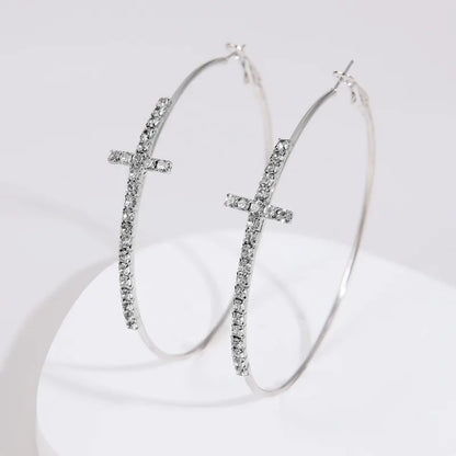 Shiny Big Circel Cross Hoop Earrings for Women Exquisite Rhinestones Ear Buckles Earrings High-end Geometric Ear Rings Jewelry