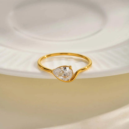 Minimalist Water Drop White Zircon Women Ring, Wave Drop Stainless Steel Ring, 18K Gold Plated Waterproof Luxury Jewelry
