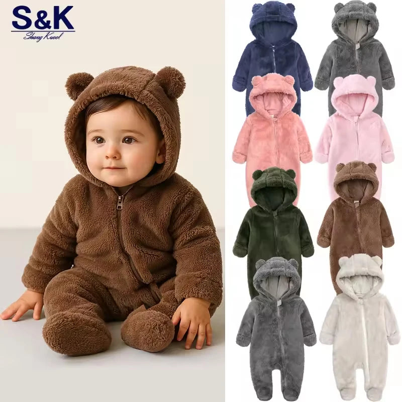 0-24M Baby Rompers Infant Clothes Winter Newborn Baby Boy Girl Zipper Bodysuit Bear Fleece Hooded Pyjamas