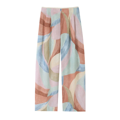 Women's Printed Pants Set 2026 New Lace Trim Lace-up Sexy Tops Mid-waist Wide-leg Pants Casual Fashion Female 2 Piece Sets