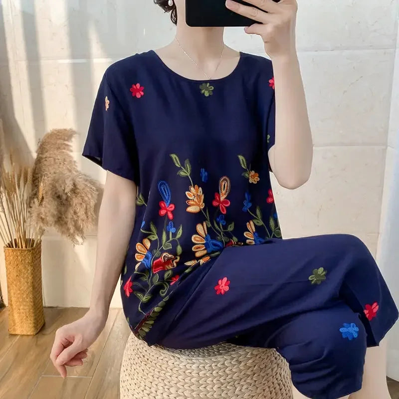 2024 Summer Women Cotton Linen Short Sleeve Set Large Size Middle-aged Mother Floral Print Clothes New Two-piece Suit 5XL G45