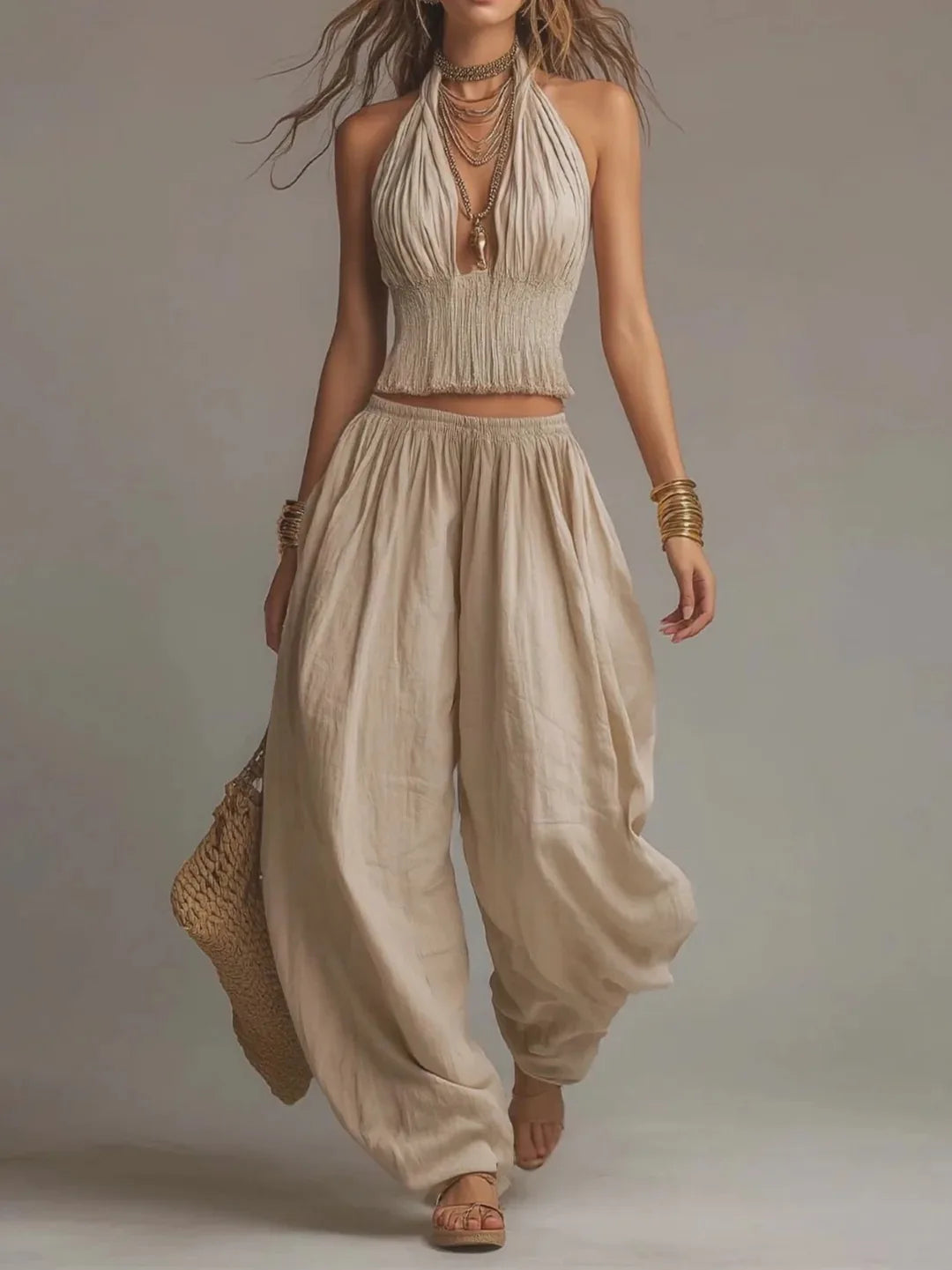 Summer Women Fold Waist 2PCS Boho Outfit Halter Neck Crop Top+Wide Leg Pants Set Casual Summer Beach Linen Matching Sets