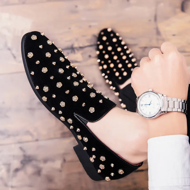 Trendy New Wedding Dress Rock Punk Rivet Suede Leather Shoes For Men Driving Loafers Prom Homecoming Party Footwear Zapatos