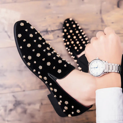 Trendy New Wedding Dress Rock Punk Rivet Suede Leather Shoes For Men Driving Loafers Prom Homecoming Party Footwear Zapatos