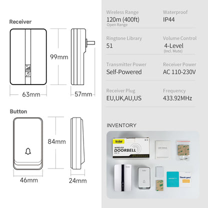 VeryHome Wireless Doorbell Waterproof Self-powered Button Smart Door Bell Sets Home Welcome Outdoor House Chimes  Receiver