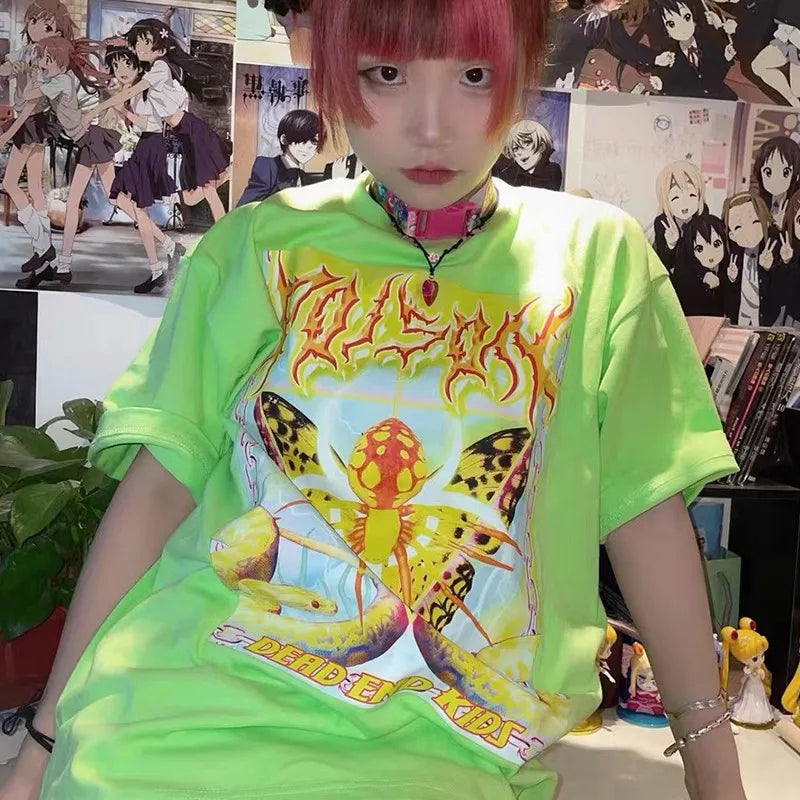 Karrcat Y2k Aesthetics T-shirt 2000s Harajuku E-girls Short Sleeve Tshirt Metal Cyber Chic Tops Punk Style Mall Goth Alt Clothes