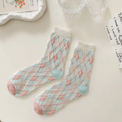 Transparent Crystal Silk Socks Women Fashion Ultra-thin Summer Harajuku Crew Socks Flower Streetwear Elastic Long Mesh Socks