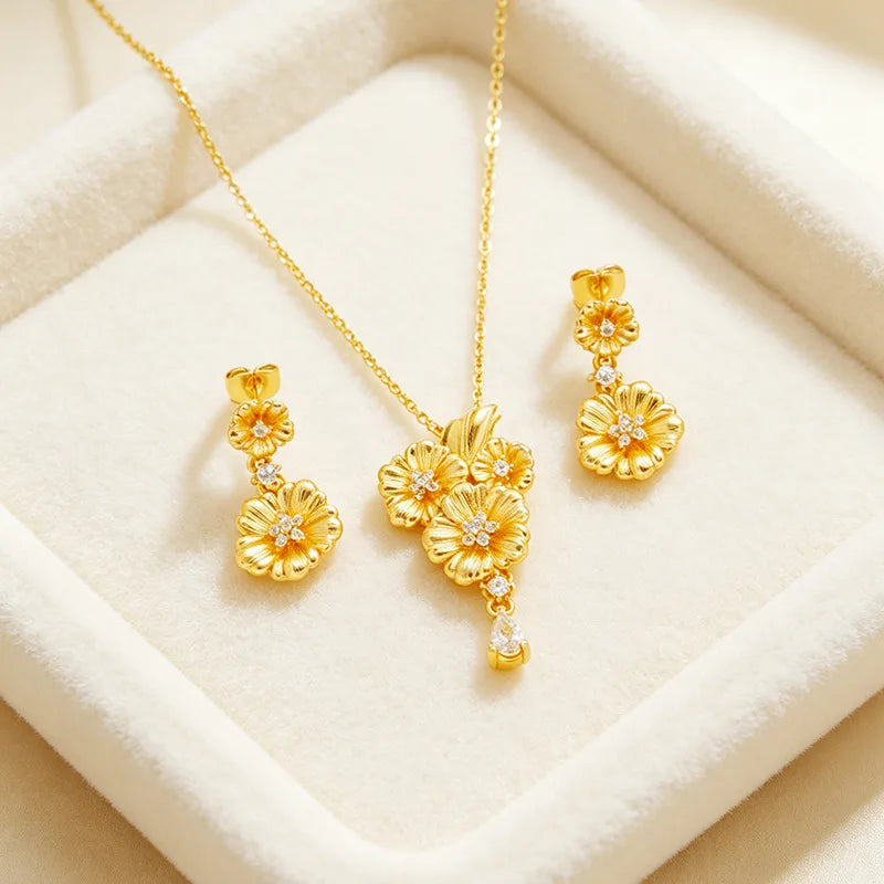 Low Key Luxury Jewelry Set For Women 24K Gold AU999 Matte soft luster highlights layered embossed diamond blooming flower