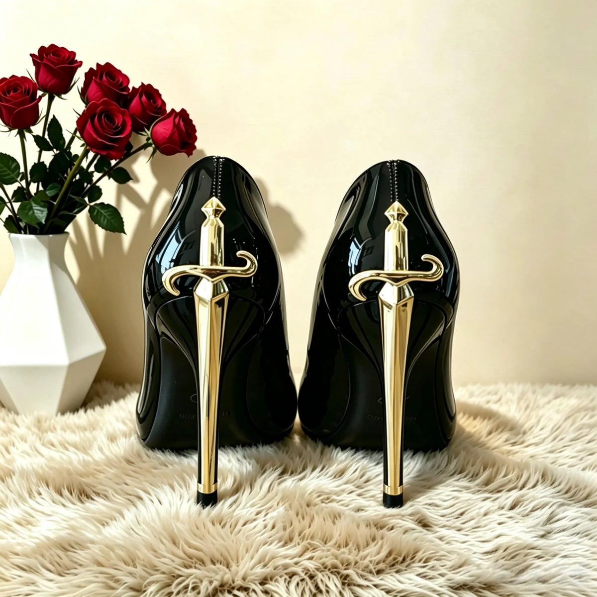 2026 Early Spring New High Heels Women's Fine Heels Pointed Metal Swords Sexy Queen Black Lacquer Leather Single Shoes
