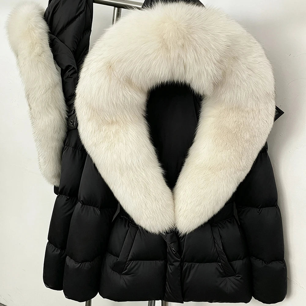 OFTBUY New Fashion Winter Clothes Women Duck Down Coat with Big Natural Fur Collar Belt Hooded Real Fox Fur Puffer Jacket Female