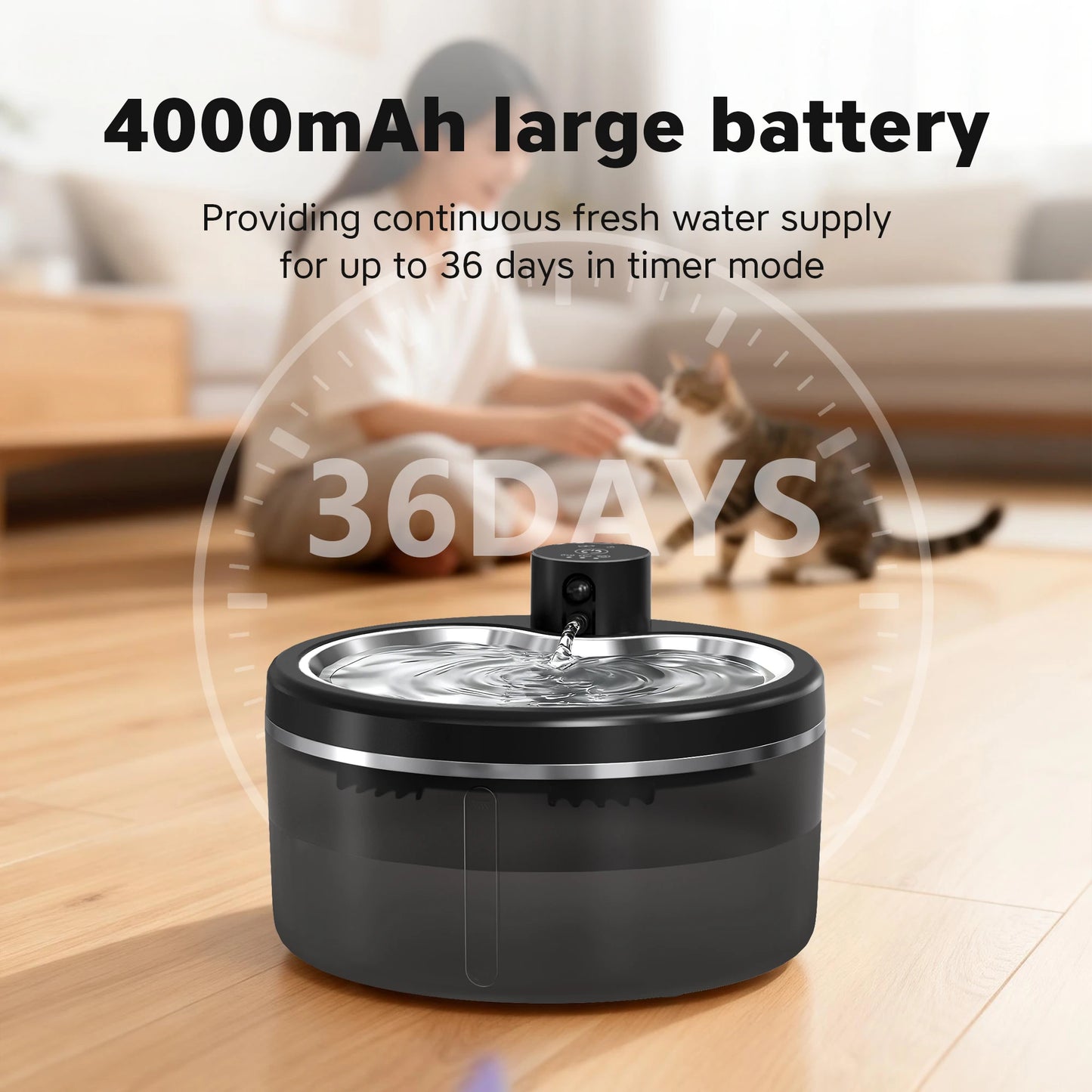 3L Wireless Cat Water Fountain Mute Pet Water Dispenser With Stainless Steel Tray and Intelligent Sensing, 4000mAh Large Battery