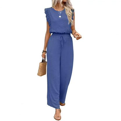 Crew Neck Top And Wide Leg Pants Set Fashionable Womens Summer Lounge Set Street Style Matching Outfit Relaxed Fit Vacation Suit