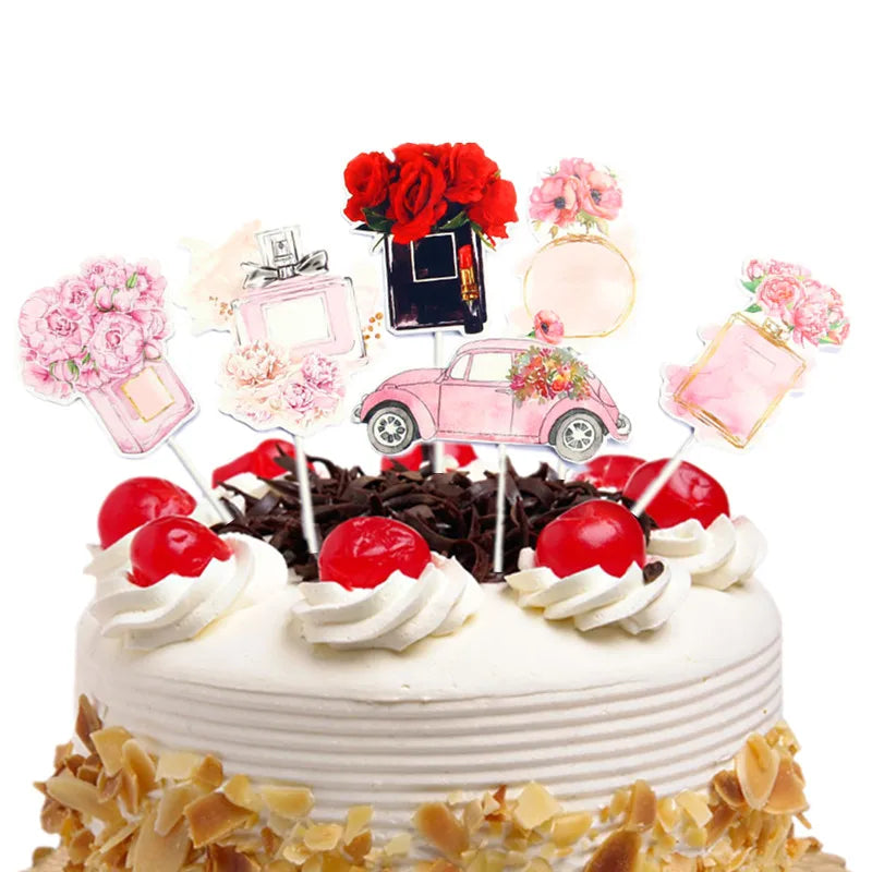 Perfume Lipstick Makeup Brush Cake Topper DIY Women Cupcake Cake Flags Kids Girl Happy Birthday Bride Party Baking DIY Decor