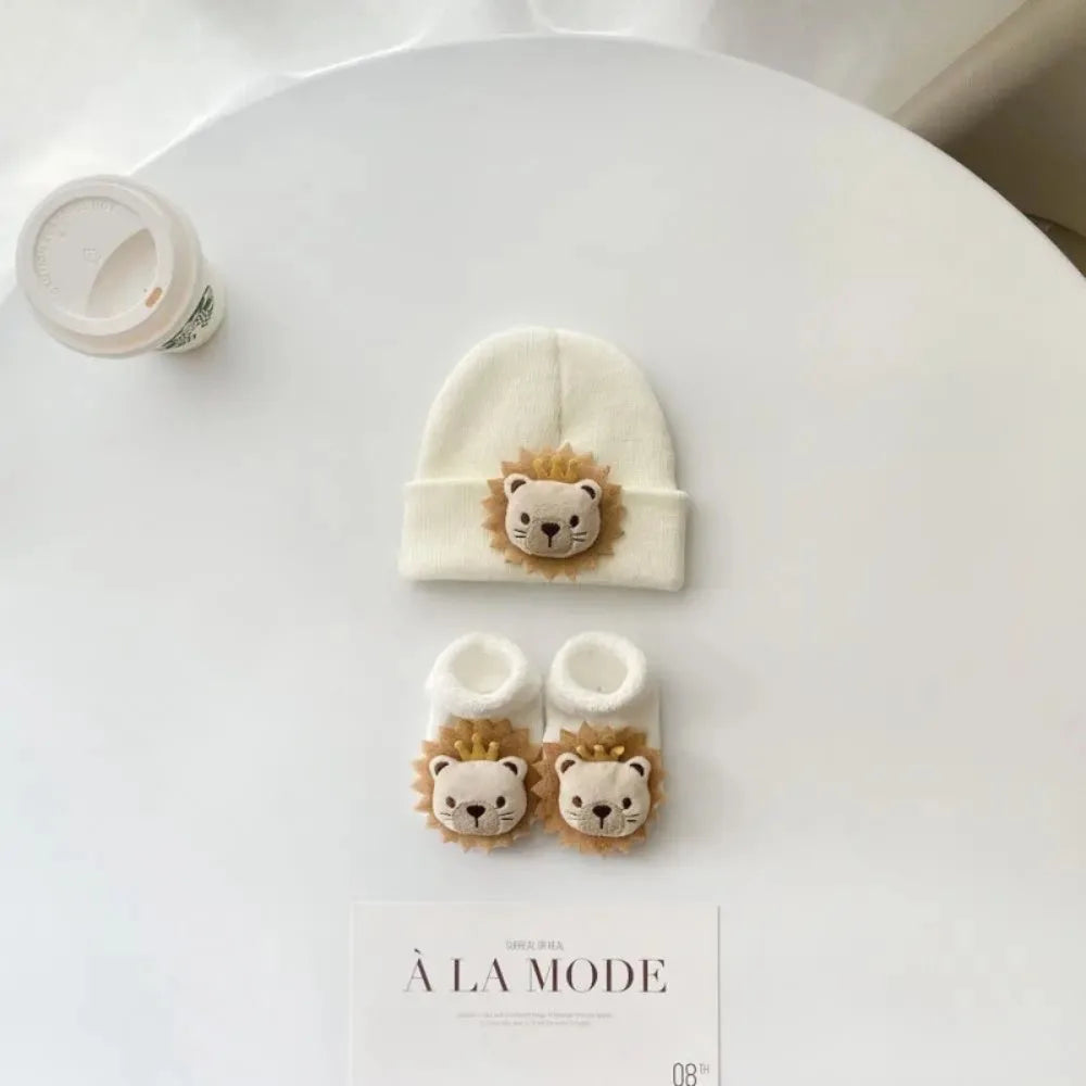 2PCS/Set New Cartoon Baby Hat Socks Cute Animal Woolen Warm Pullover Hats Winter Knitted Beanies Newborn Short Socks Boy Girl