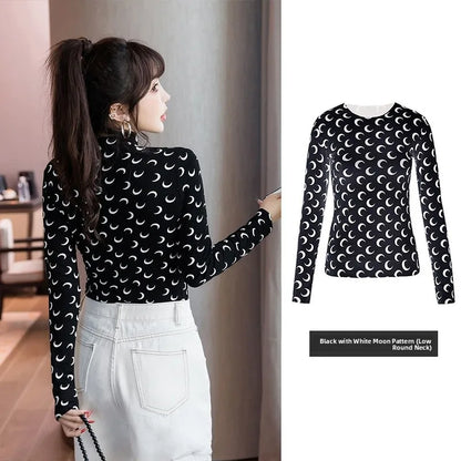 Sweet Two Piece Set Women American Retro Layered Outfit Long Sleeve Moon Print Top Ice Silk Pants Sexy Casual Autumn Fashion
