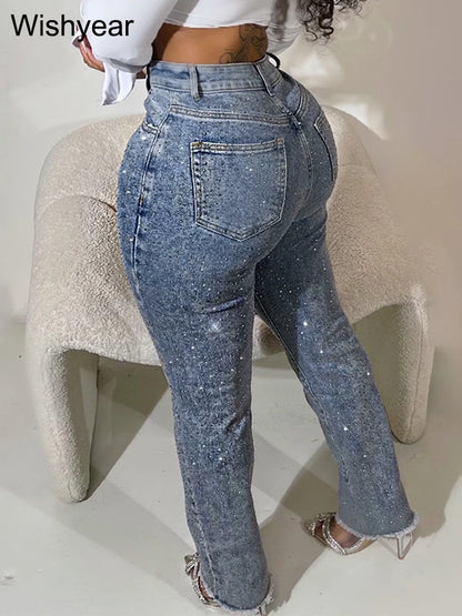 Diamond Distressed Skinny Jeans | Beaded High-Waist Pencil Pants | Women's Y2K Streetwear Denim
