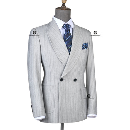Cenne Des Graoom 2025 Light Grey Striped Double-Breasted Men Suits With Patch Pocket Tailor-Made For Office Wear Wedding Bestman