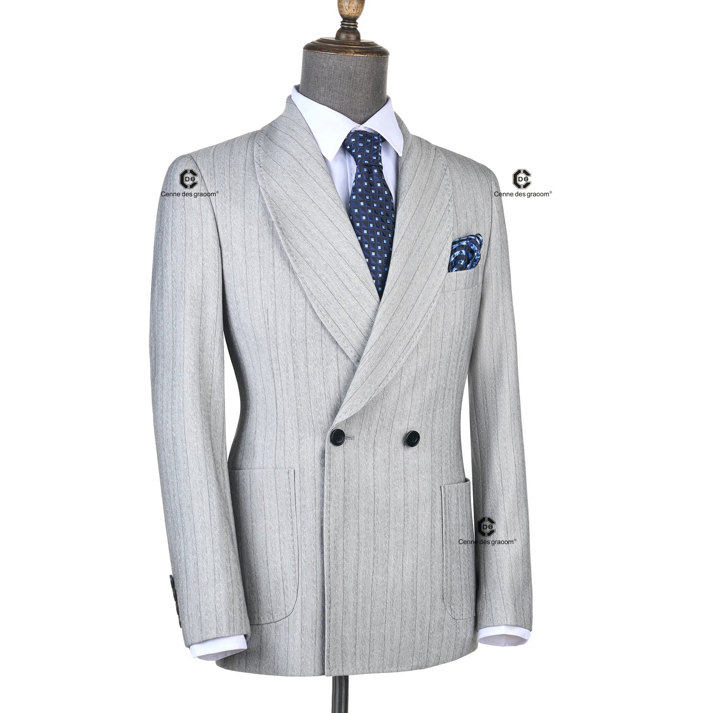 Cenne Des Graoom 2025 Light Grey Striped Double-Breasted Men Suits With Patch Pocket Tailor-Made For Office Wear Wedding Bestman