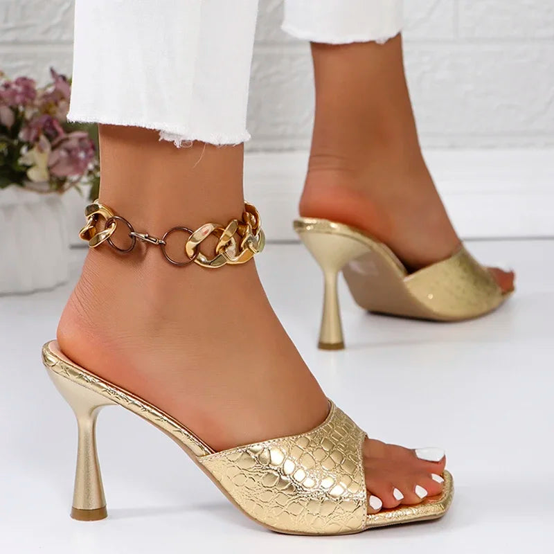 Luxury Gold Silver High Heels Sandals Women Slip On Square Toe Summer Slippers Woman Plus Size 43 Thin Heeled Party Shoes Lady