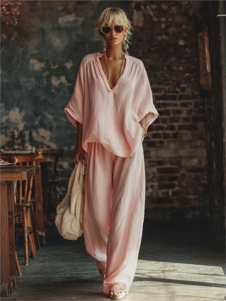 Women's Fashion Simple Casual White Two Piece Sets Spring Summer V Neck Short Sleeve Loose Top & Wide Leg Pants Vacation Set