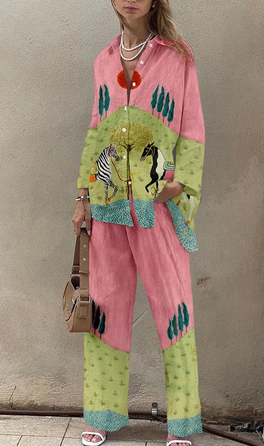 Fashion Print Beach Holiday 2-Piece Set Women Spring Summer Long Sleeve Shirt Top + Wide Legs Women's Oversized Two-Piece Outfit