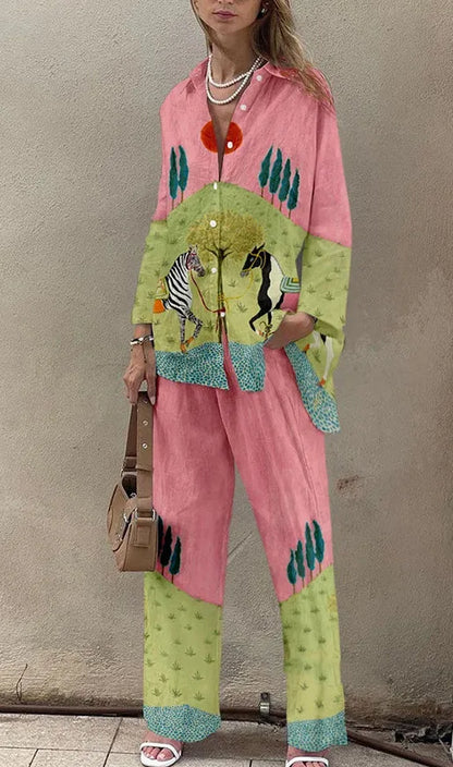 Fashion Print Beach Holiday 2-Piece Set Women Spring Summer Long Sleeve Shirt Top + Wide Legs Women's Oversized Two-Piece Outfit