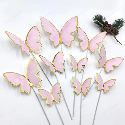 DIY Stamping Gold Pink Butterfly Cake Toppers Happy Birthday Cake Decoration Wedding Party Decor Shower Dessert Baking Supplies