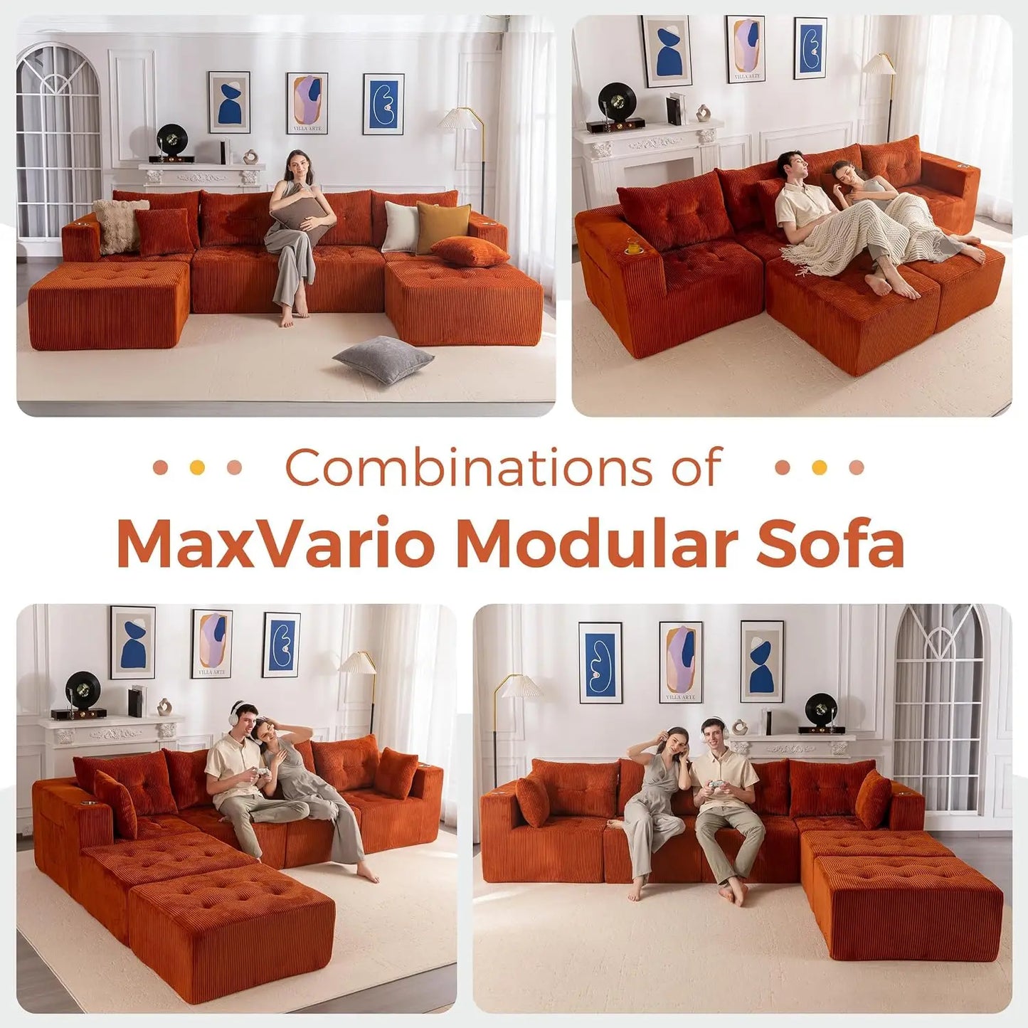 Boneless Couch, 129.5-Inch U-Shaped Cloud Couch, 2 Ottomans | Orange Tufted Modular Sofa in a Box Requires No, Customized