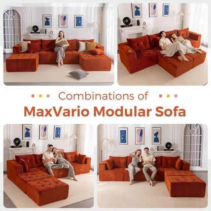 Boneless Couch, 129.5-Inch U-Shaped Cloud Couch, 2 Ottomans | Orange Tufted Modular Sofa in a Box Requires No, Customized