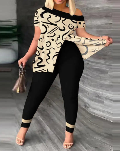 Womens Two Peice Sets Summer Fashion Print Short Sleeve Suit Set Femme Casual Sporty 2Pce One-Shoulder Split Hem Tops &Pants Set
