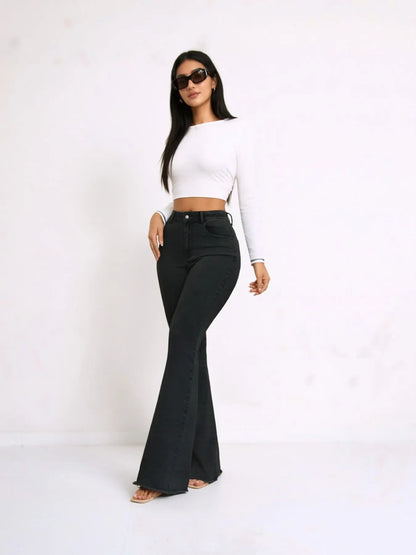 Tall Women's Micro Flare Frayed Edge Jeans, Fashionable Simple Style, Casual Loose-Fitting Solid Pattern, All Seasons Wear