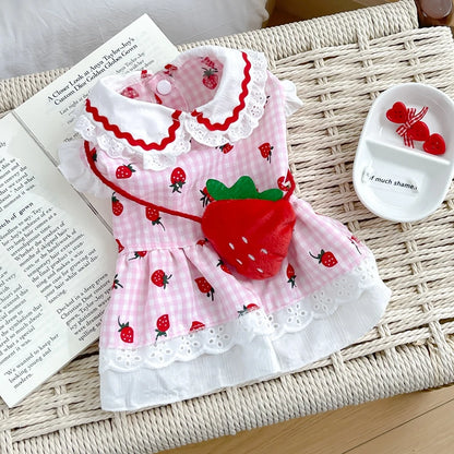 Strawberry Dress For Dogs Summer Spring Cute Plaid Female Girl Puppy Pet Cat Apparel Clothes Yorkie Chihuahua Small Medium Pugs