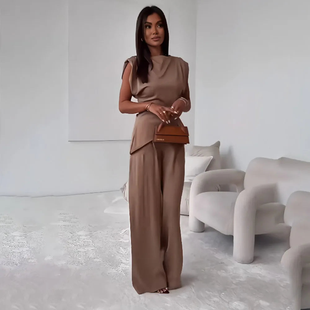 Casual Solid Color Two Piece Set Woman Outfit 2025 Summer Fashion Slim High Waist Tops And Trousers Pant Sets Suit