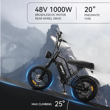 G60 E-Bike 1000W Adult Electric Bicycle 20” Fat Tire E-Bike 48V 15Ah Battery 45-55KM Range Dual Suspension 31MPH