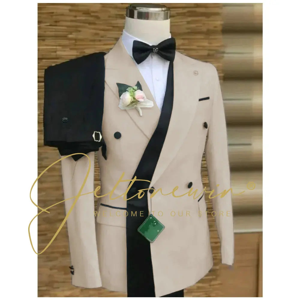 Double Breasted White Black Wedding Suits for Men Fashion Slim Fit Groom Best Man Wedding Tuxedo Formal Prom Wear 2 Pieces Set