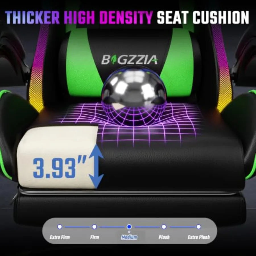 RGB gaming chair with footrest and lumbar massage for adult/kid, green fabric, ergonomic support and adjustable comfort